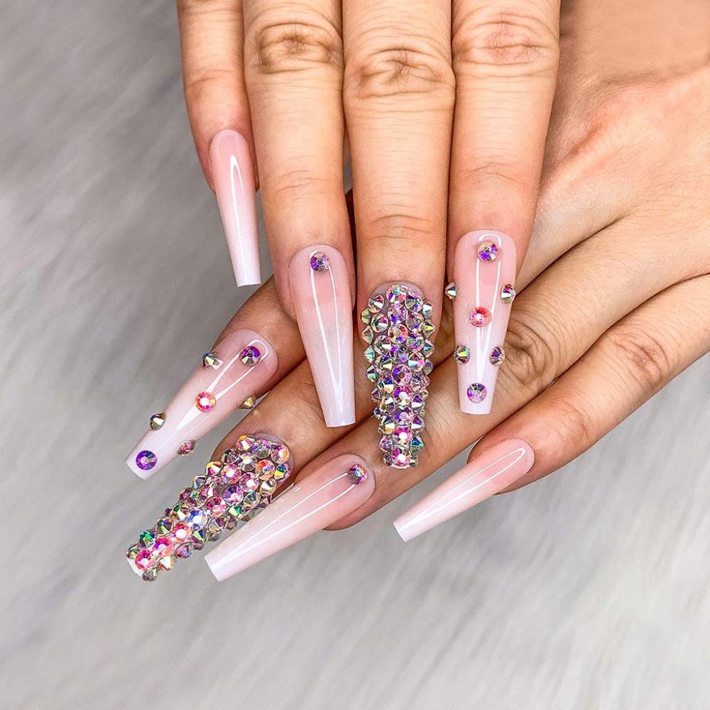 24pcs Glossy Pearl French Press on Nails 3D French Nude White Ballerina Diamond - Picture 4 of 4